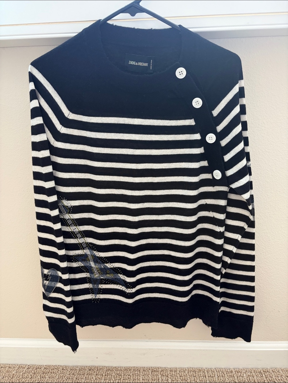 Zadig & Voltaire Black and White Striped Sweater with Button Shoulder